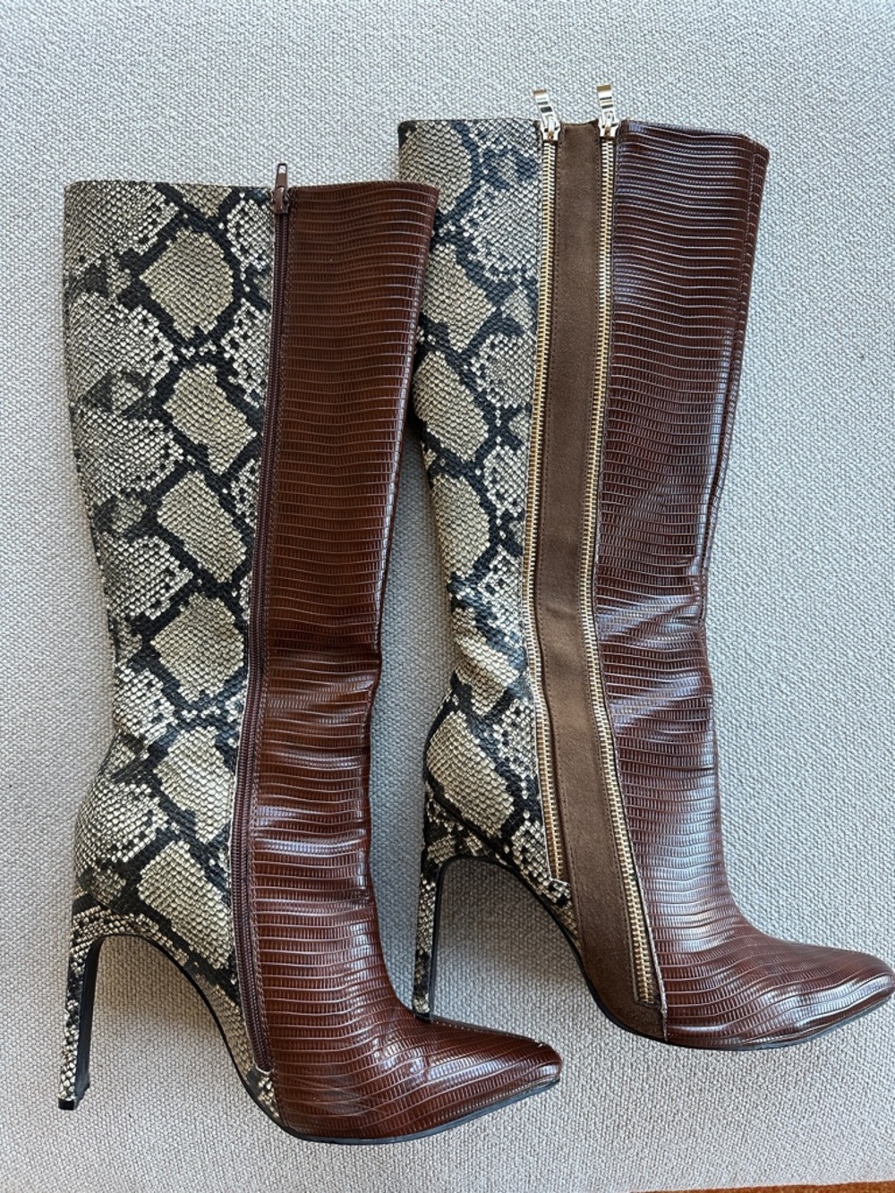 Brown & Snake-Print Knee-High Stiletto Boots - Designer Style